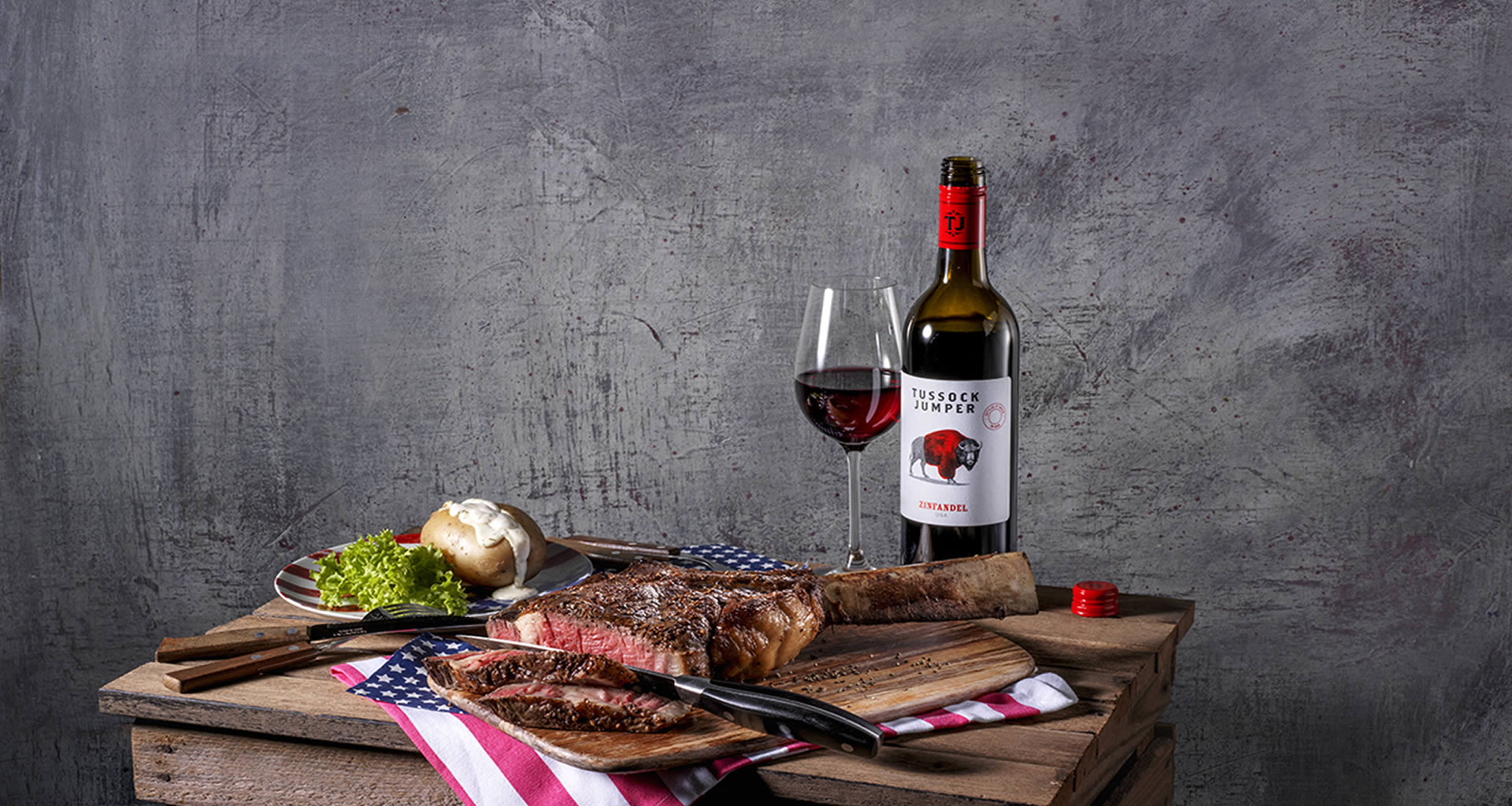Tomahawk steak (rib with leg) Tussock Jumper Wines